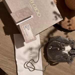 Jimmy Choo Bon Bon Silver Satin Crystal Mesh Bag with Crystal Handle